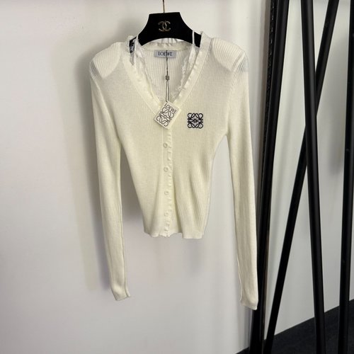 Loewe Logo Embroidered Lace Sling-Spliced Long Sleeve Knit Cardigan