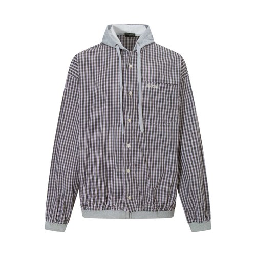 Balenciaga Spliced Checked Hooded Coat with Shell Buttons