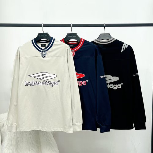 Balenciaga V-Neck Embroidered Print Long Sleeve Tee