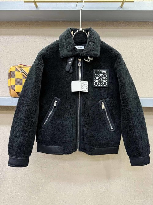 Loewe Retro Faux Fur-Trimmed Coat with Unique Pattern