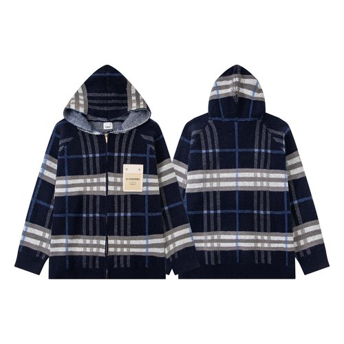 Burberry Classic Zip-up Hooded Blue Check Wool Jacket