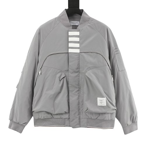 Thom Browne Four-Bar Baseball Jacket with Logo Buttons