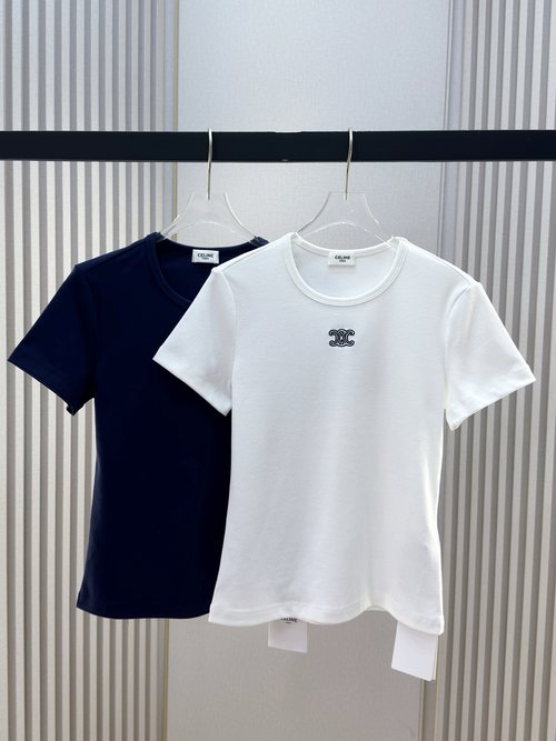 Celine Round Neck Embroidered Short Sleeve T-Shirt, Stylish