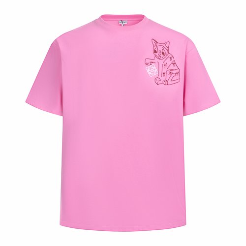 Loewe Embroidered Cat Motif Cotton Short Sleeve Tee Pink