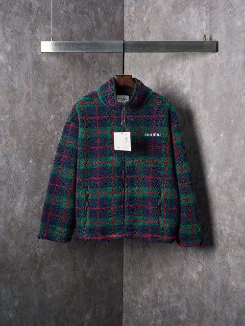 Versace Green/Grey Lamb Wool Checkered Zippered Coat