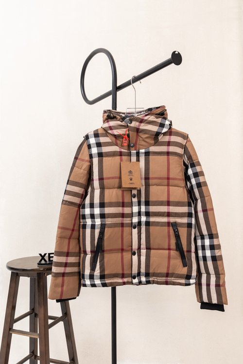 Burberry Khaki Checked Detachable Hood Down Jacket