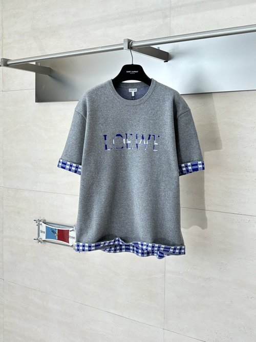 Loewe Gingham Roll-Up Sleeve Knit Short-Sleeve T-Shirt
