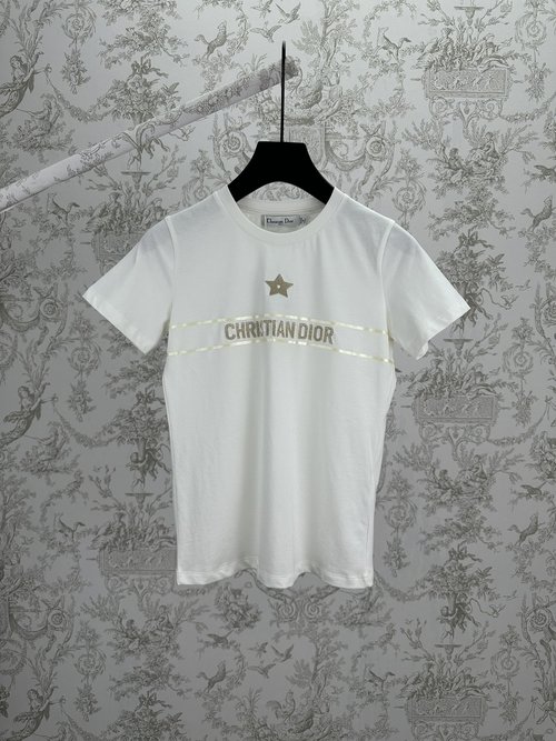 Dior Beige Cotton Knit T-shirt with Gold Embroidery