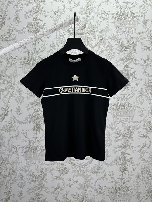 Dior Black Cotton Knit T-shirt with Gold Embroidery