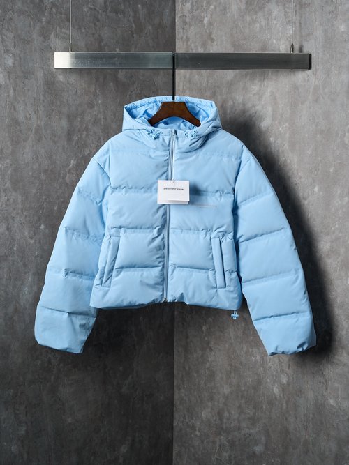Alexander Wang Short Hooded Checked Down Jacket in Oxford Blue