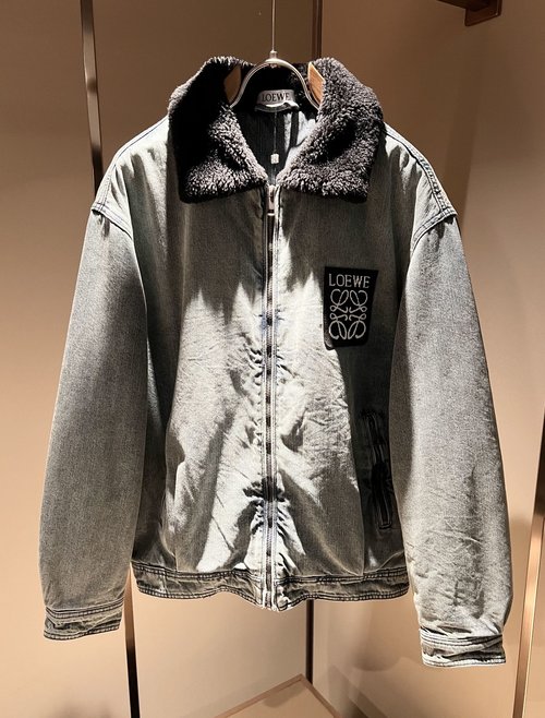 Loewe Denim Jacket with Lamb Fur Accents and Brand Logo Pattern