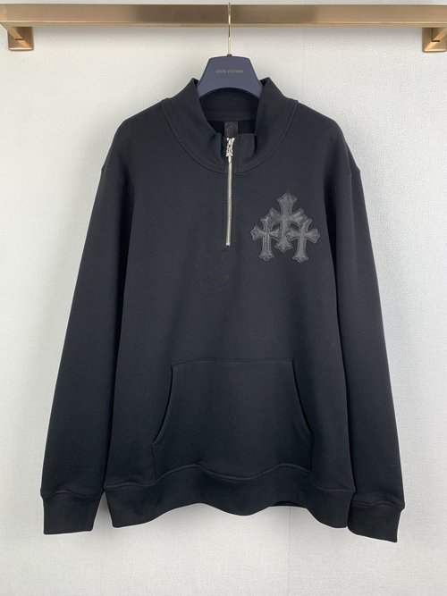 Chrome Hearts Patchwork Cross Half-Zip Long-Sleeve Pullover Sweatshirt