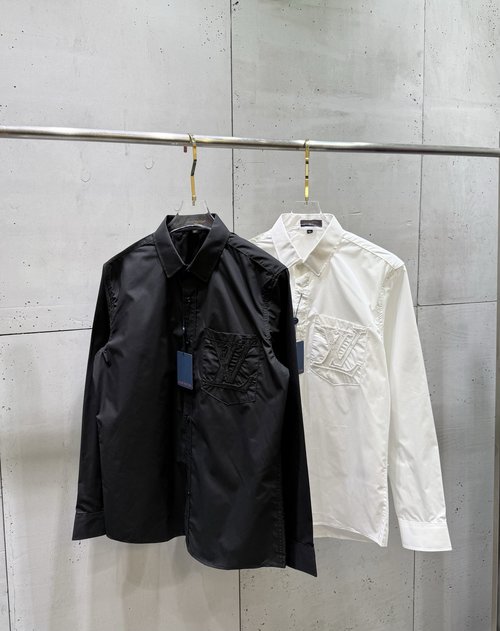 Louis Vuitton Long Sleeve Shirt with LV Letter Embroidery, Black & White