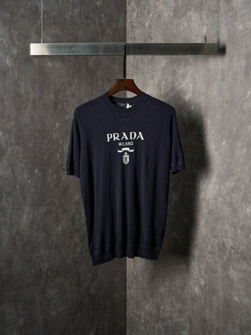 Prada Classic Logo Jacquard Wool Short-Sleeve Top