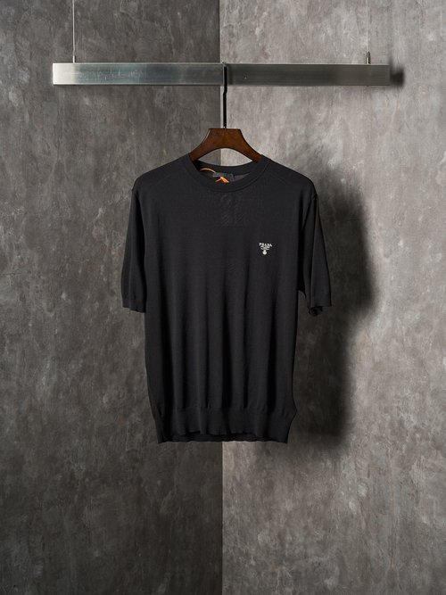 Prada Black Logo Embroidered Merino Wool Short-Sleeve Sweater