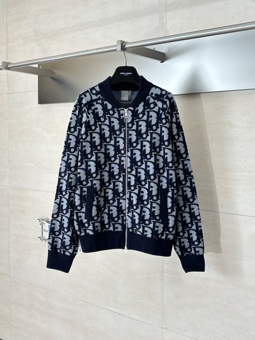 Dior Oblique Patterned Zip-up Knit Jacket with Ribbed Details