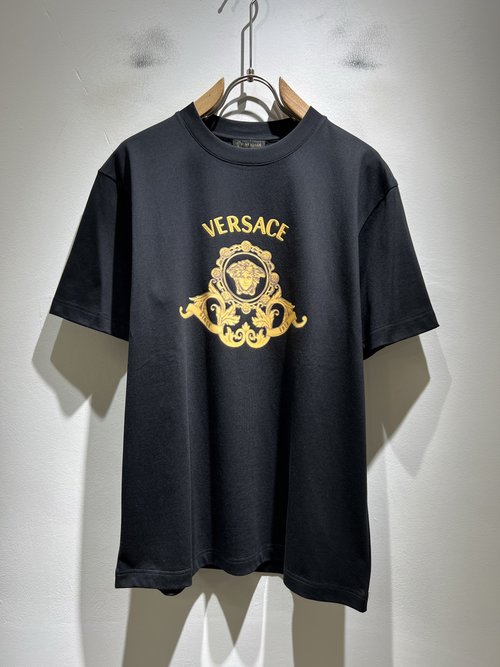 Versace Imported Cotton Short-Sleeved T-shirt with Logo Print