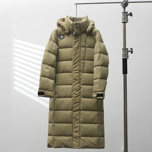 Descente Shoulder Logo Single-Zipper Long Down Jacket - Khaki